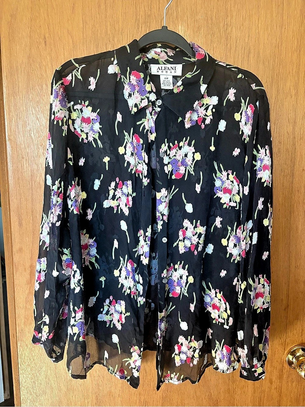 Alfani Floral Silk Blend Blouse in Black & Pink Size 16W